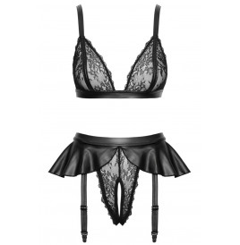 Soutien-gorge et slip fendu à jarretelles noir - Cottelli LINGERIE