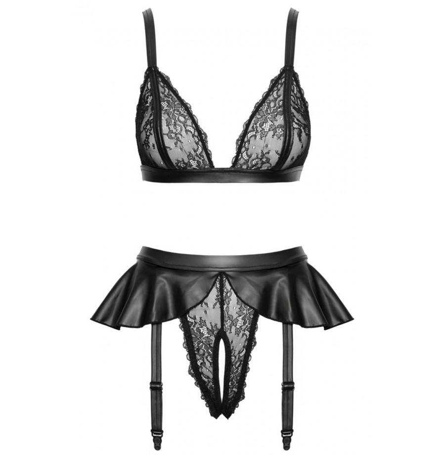 Soutien-gorge et slip fendu à jarretelles noir - Cottelli LINGERIE