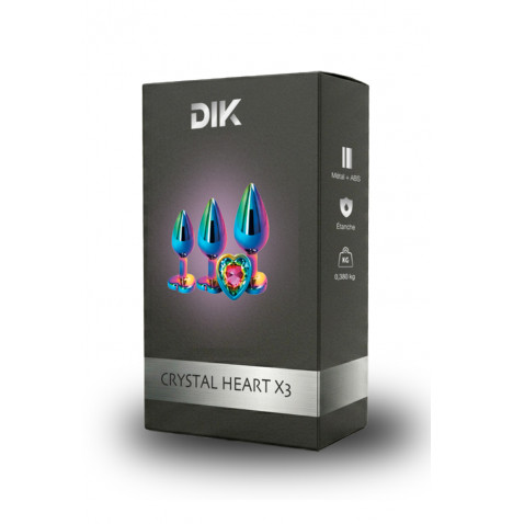 3 plugs coeur Crystal Heart métal arc-en-ciel - DIK