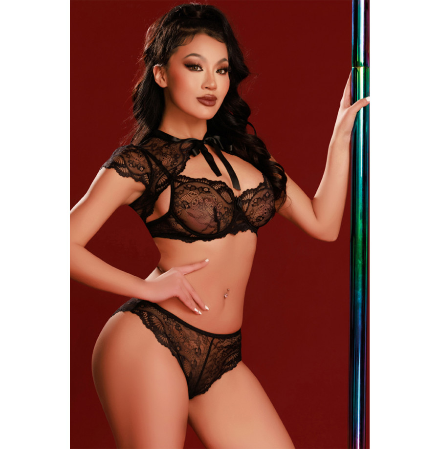 Ensemble soutien-gorge, tanga et caraco noir - J Lingerie