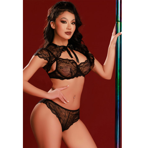 Ensemble soutien-gorge, tanga et caraco noir - J Lingerie