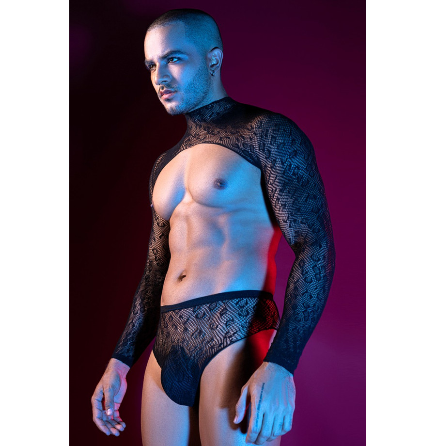 Ensemble top et slip noir en maille résille - J Lingerie